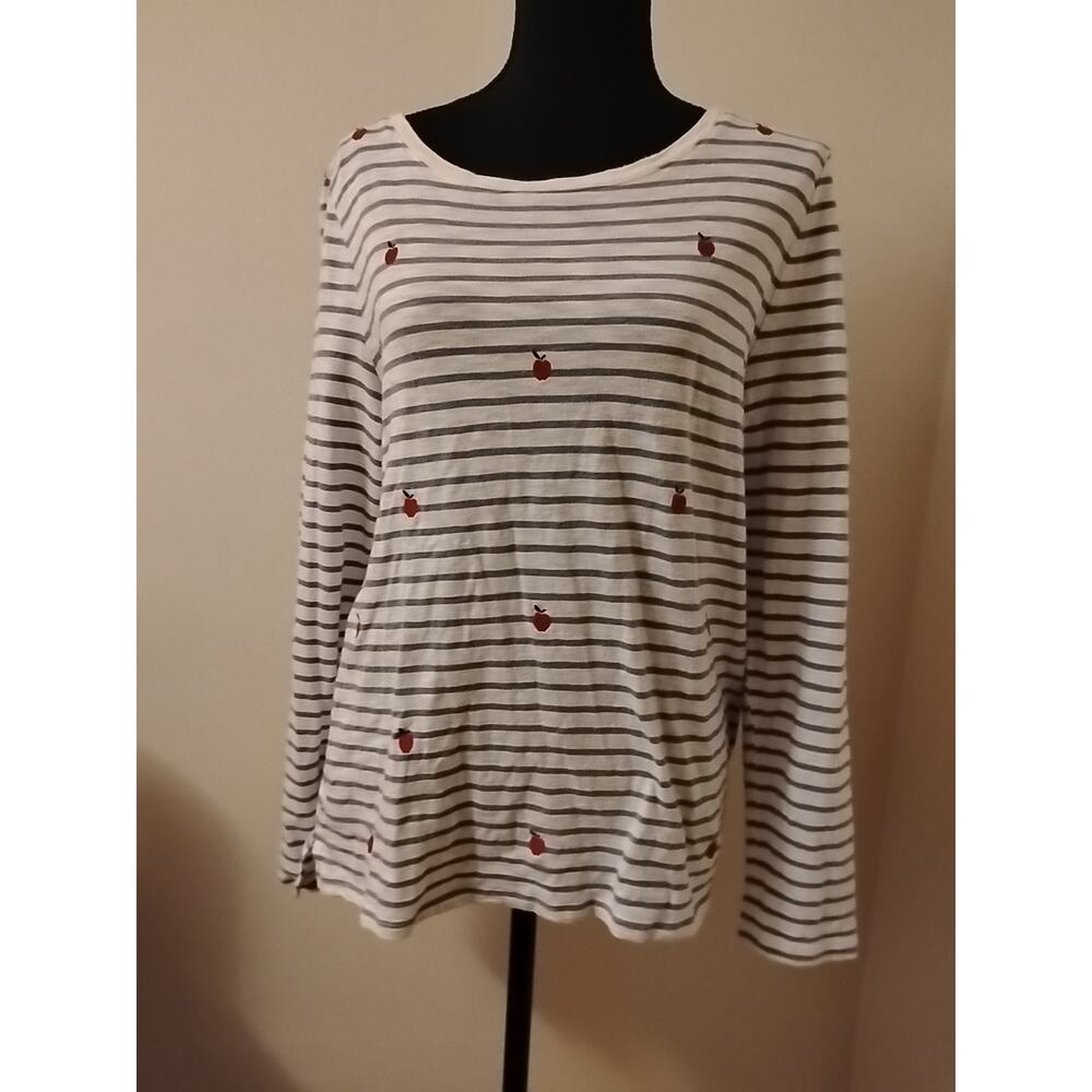 Talbot's Long Sleeve Women's Blue And White Stripe Blouse With Apples